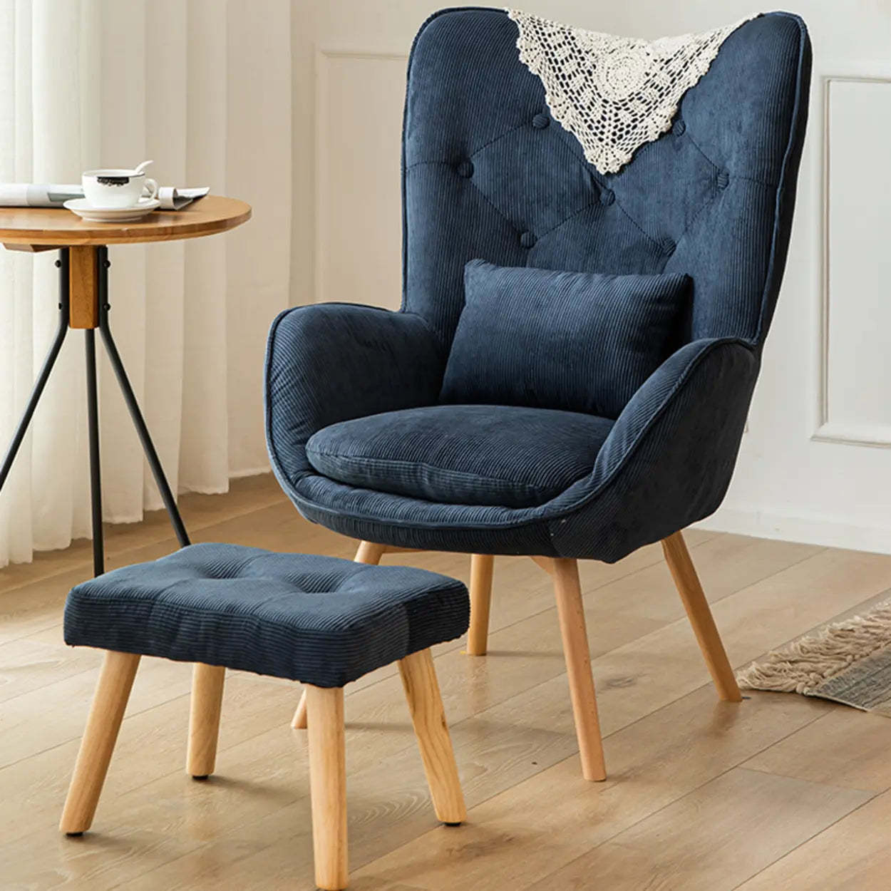 Wingback Corduroy Green Accent Chair with Pillow