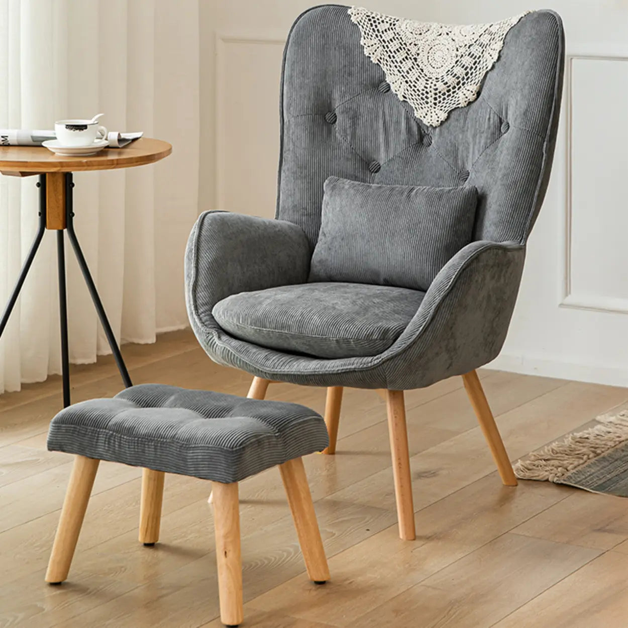 Wingback Corduroy Green Accent Chair with Pillow