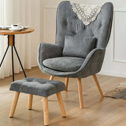 Wingback Corduroy Green Accent Chair with Pillow