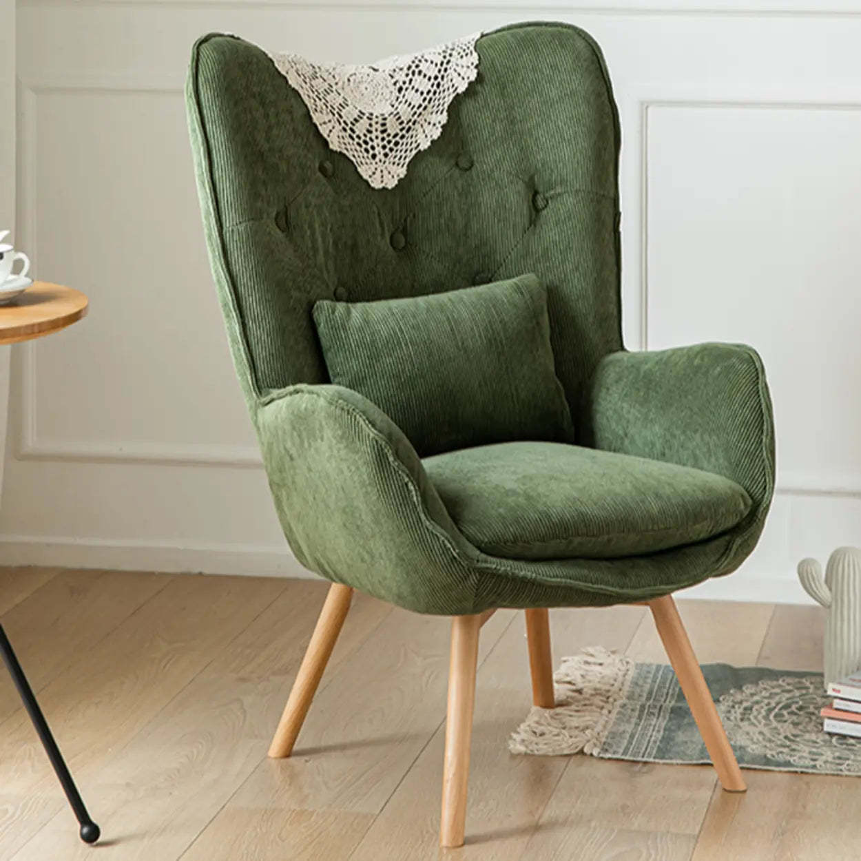 Wingback Corduroy Green Accent Chair with Pillow — Red / Corduroy