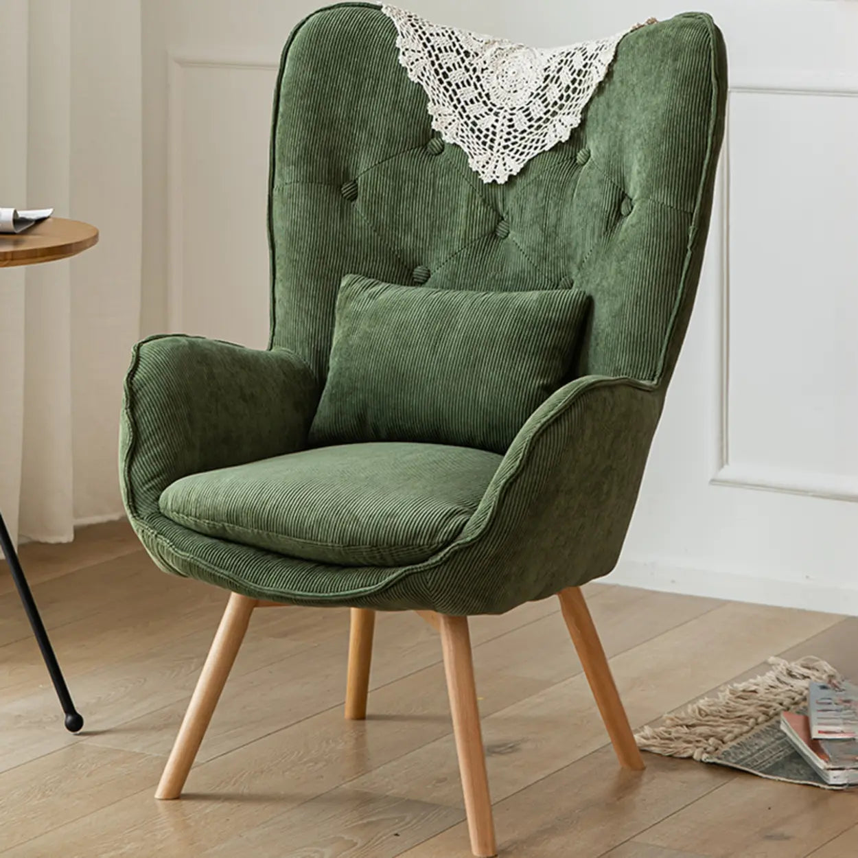 Wingback Corduroy Green Accent Chair with Pillow — Khaki / Corduroy