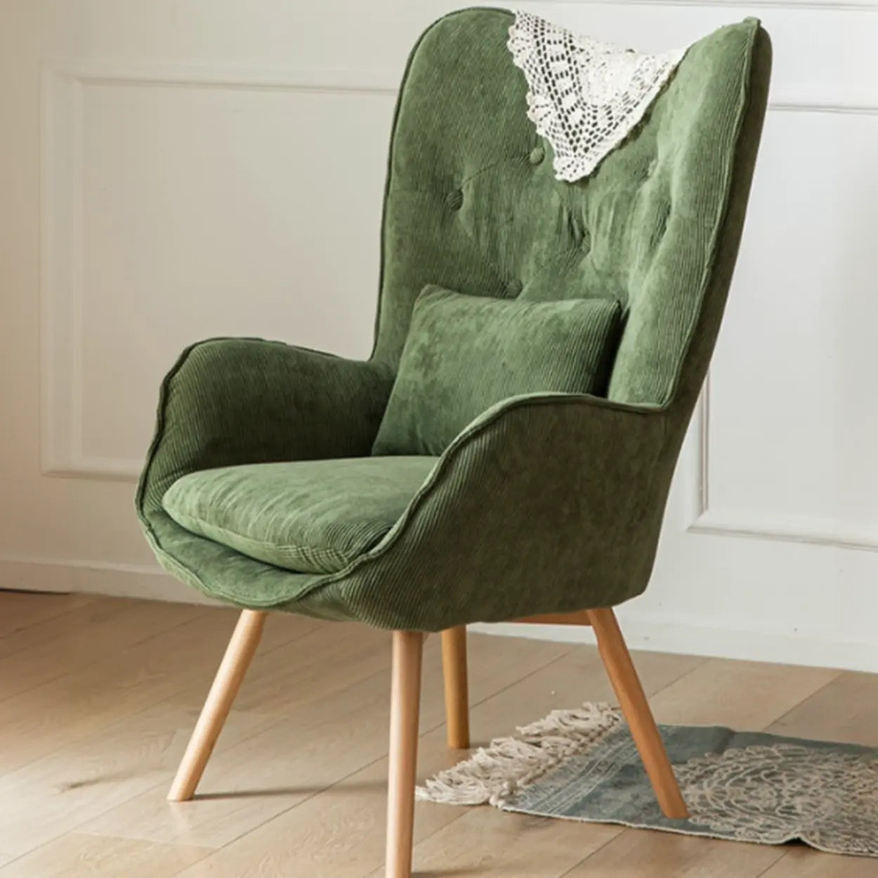 Wingback Corduroy Green Accent Chair with Pillow — Green / Corduroy