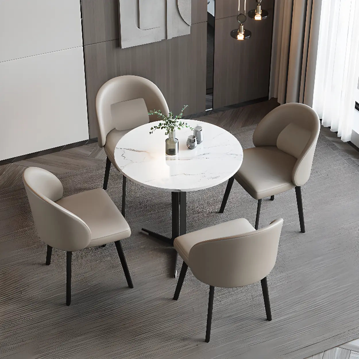Wingback Beige Leather Round Upholstered Dining Chair — Orange