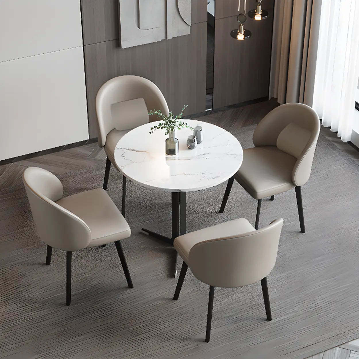 Wingback Beige Leather Round Upholstered Dining Chair — Orange