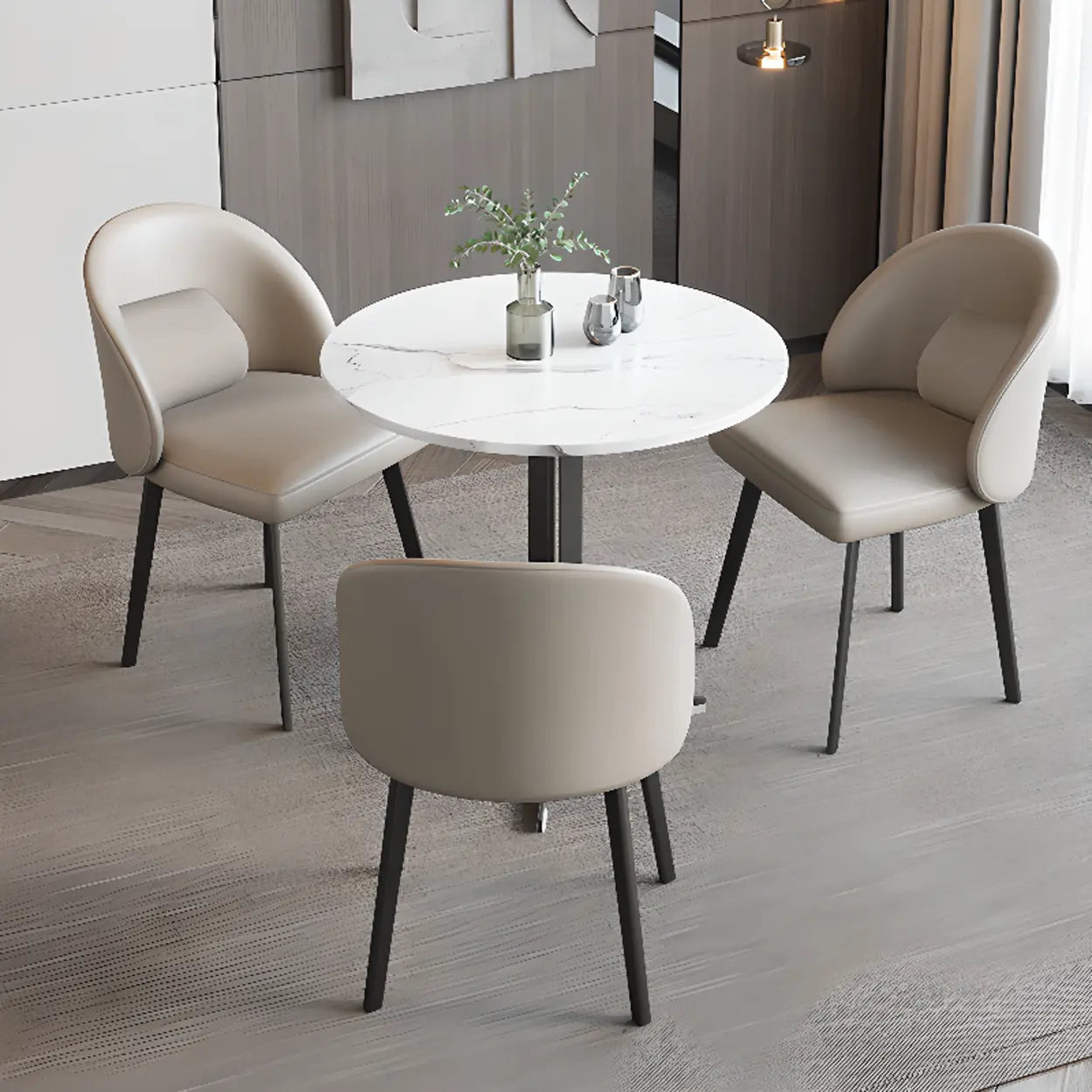 Wingback Beige Leather Round Upholstered Dining Chair