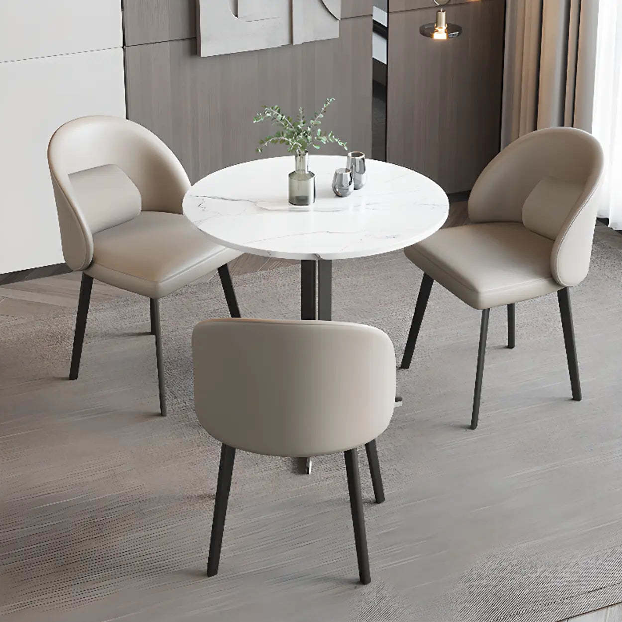 Wingback Beige Leather Round Upholstered Dining Chair