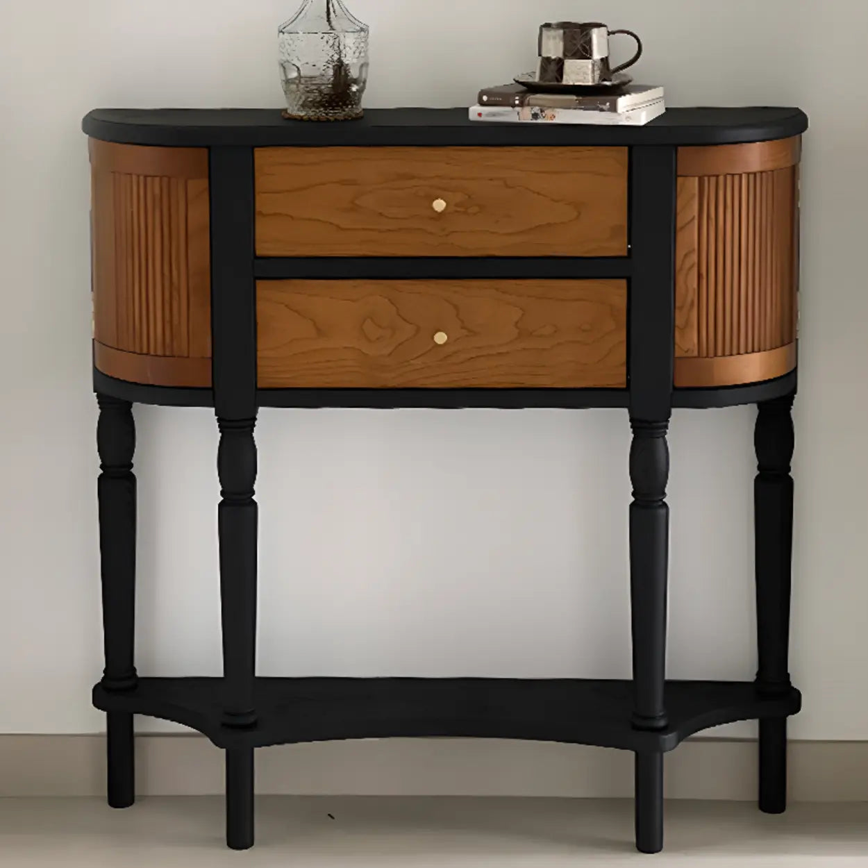 Black-Brown Wood Half-Moon Entry Console Table