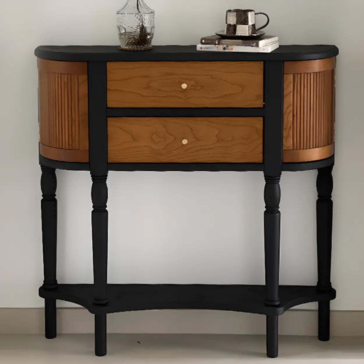 Black-Brown Wood Half-Moon Entry Console Table