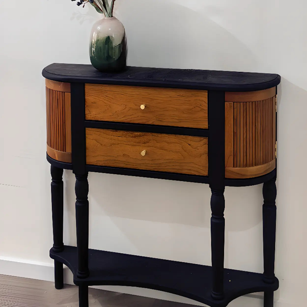 Black-Brown Wood Half-Moon Entry Console Table