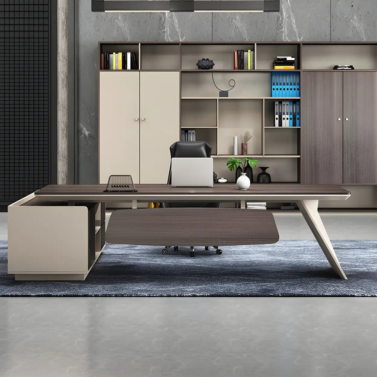Brown Wood Shelf Drawer L-Shape Writing Desk — Table Only