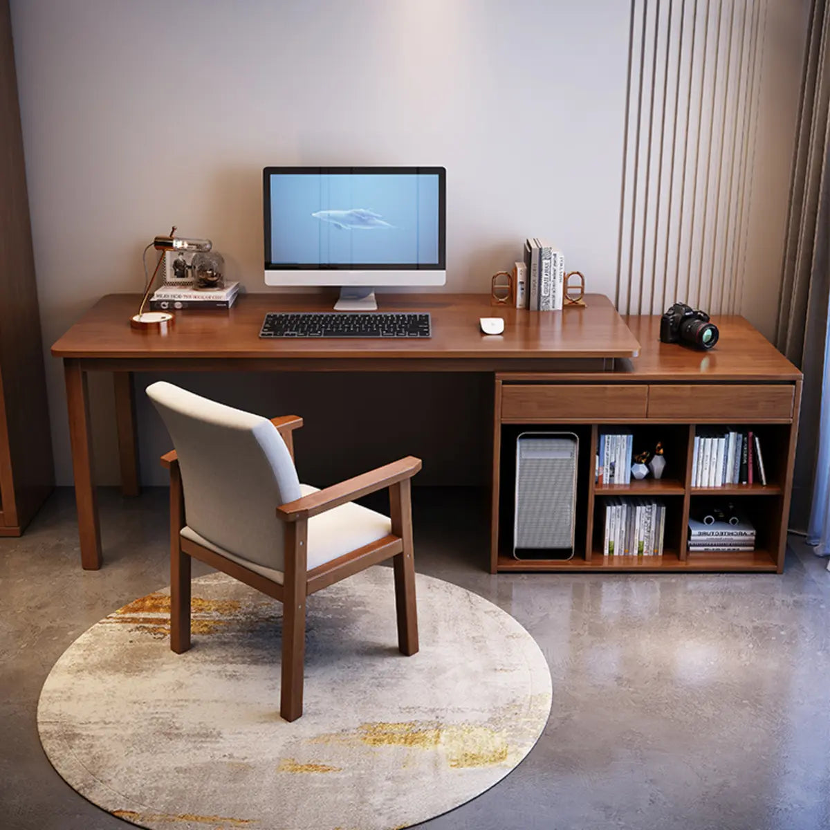 Wood Butcher Block Retractable Storage Computer Desk — Without Chairs / Grey