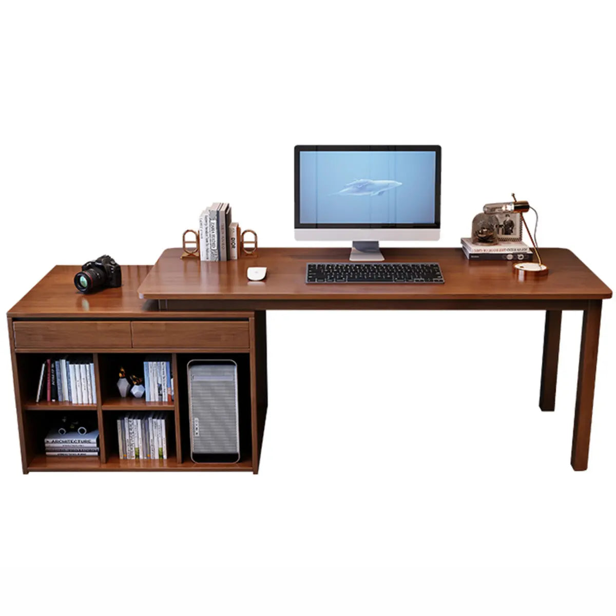 Wood Butcher Block Retractable Storage Computer Desk — Without Chairs / Natural Finish