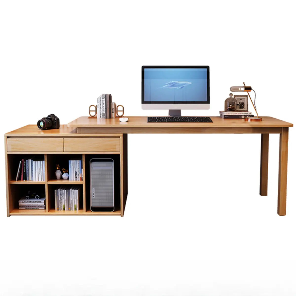 Wood Butcher Block Retractable Storage Computer Desk — Without Chairs / Natural Finish