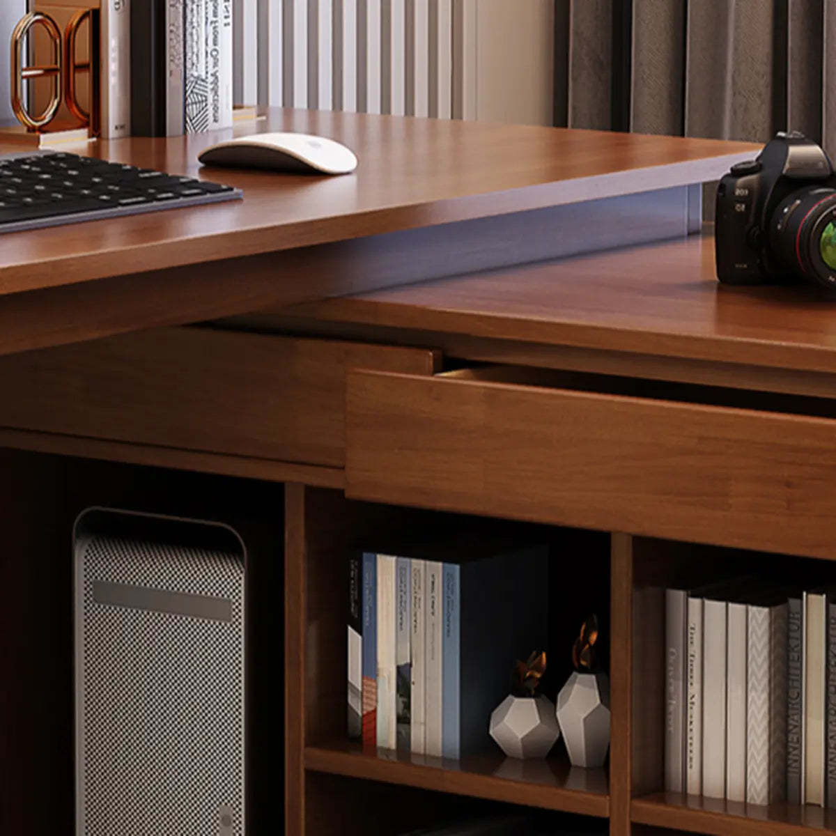Wood Butcher Block Retractable Storage Computer Desk — Without Chairs / Natural Finish