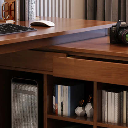 Wood Butcher Block Retractable Storage Computer Desk — Without Chairs / Natural Finish
