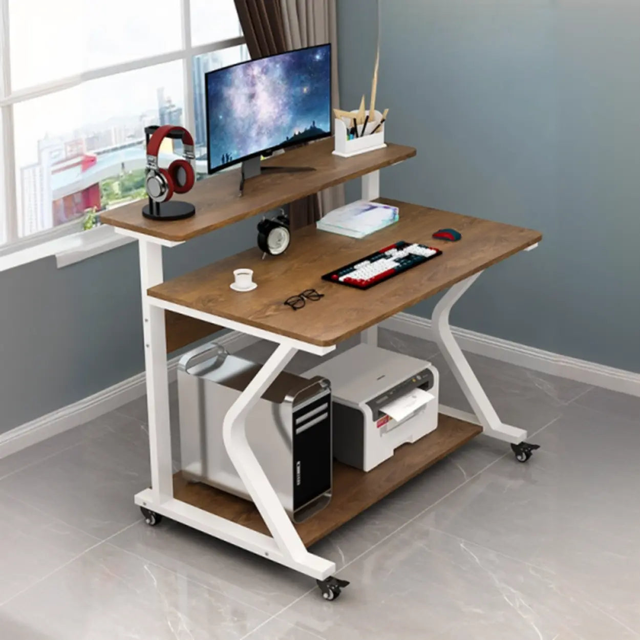 Wood Butcher Block Shelf Small Computer Desk with Casters
