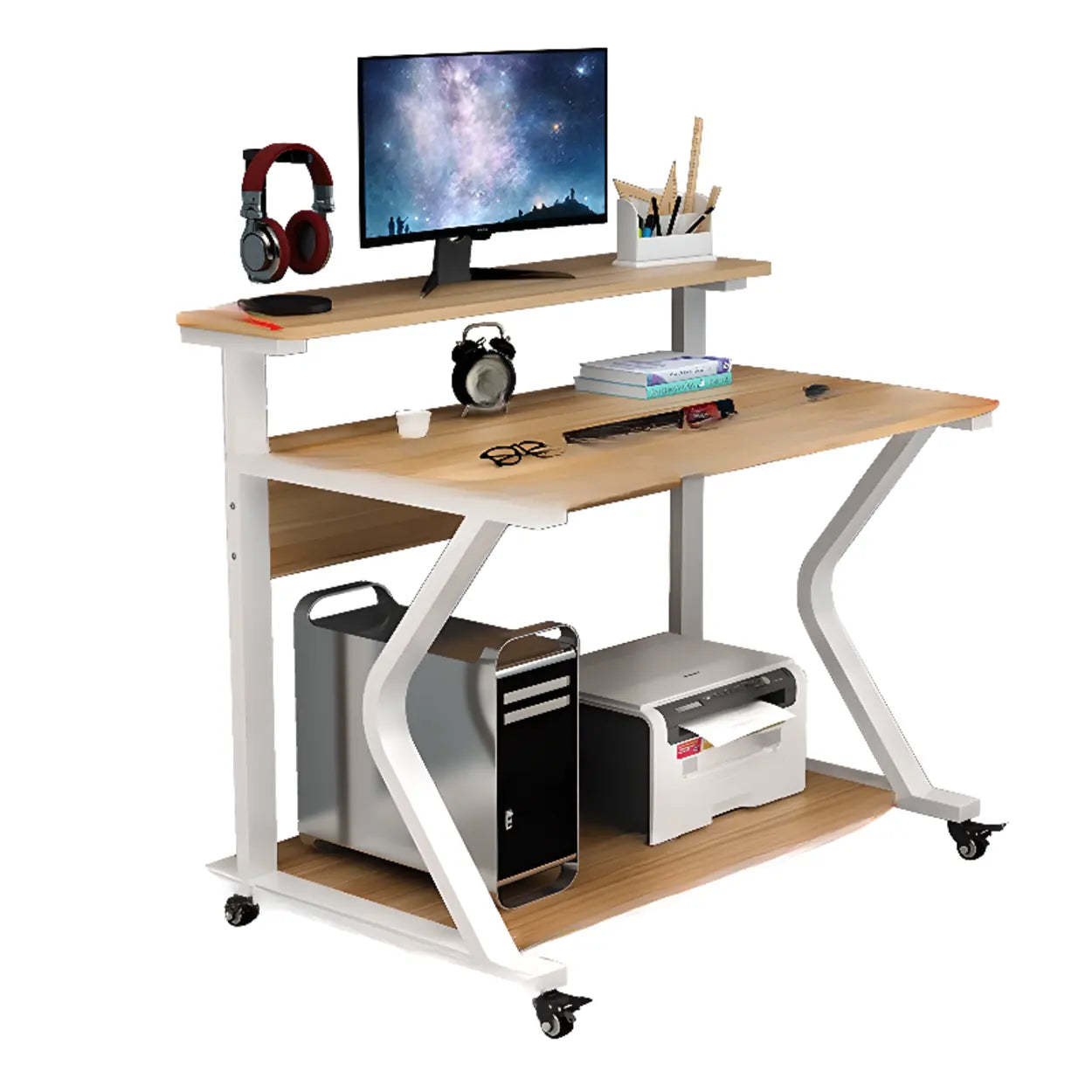 Wood Butcher Block Shelf Small Computer Desk with Casters — Brown/ White / Table Only