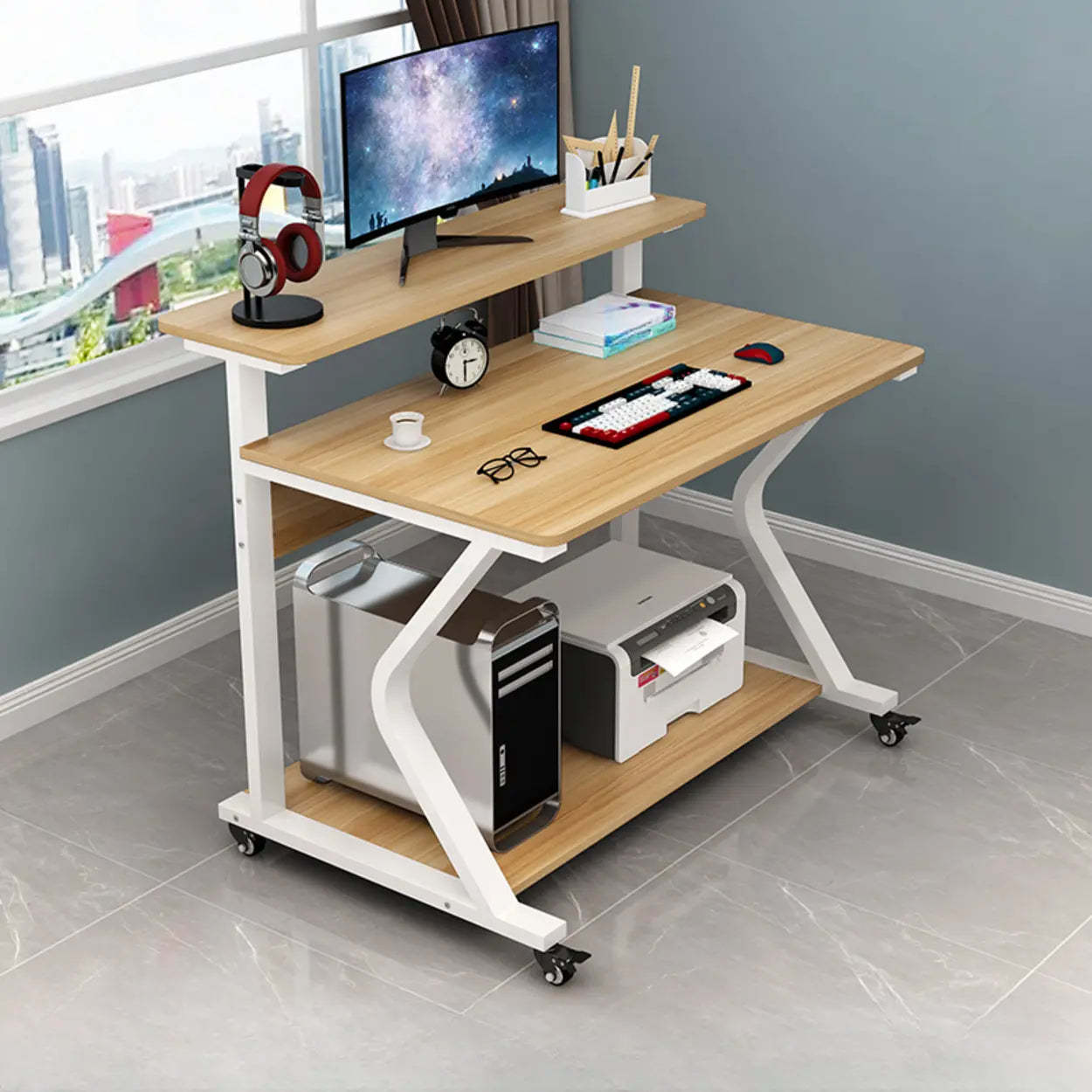 Wood Butcher Block Shelf Small Computer Desk with Casters — White-Black / Table Only