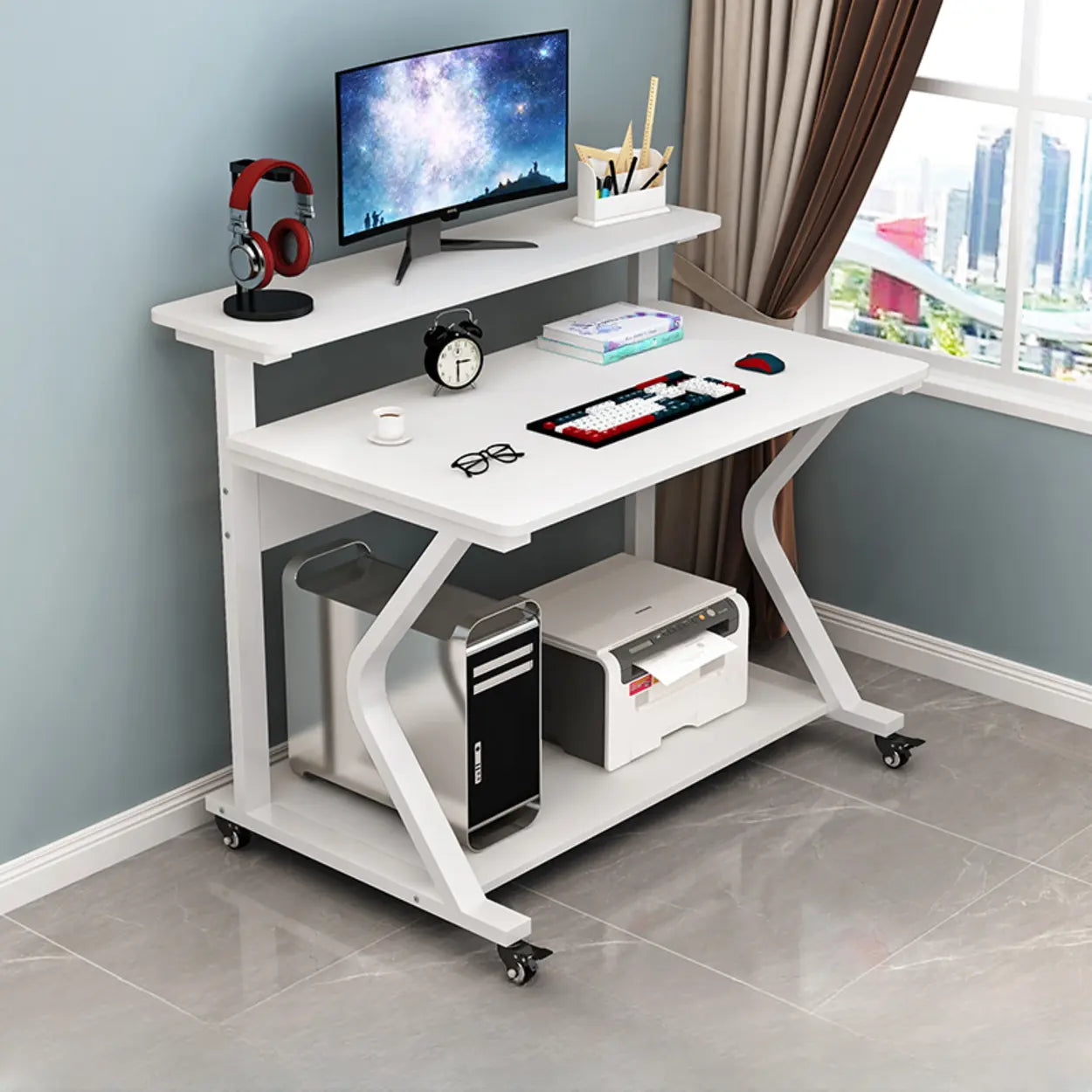 Wood Butcher Block Shelf Small Computer Desk with Casters — White / Table Only