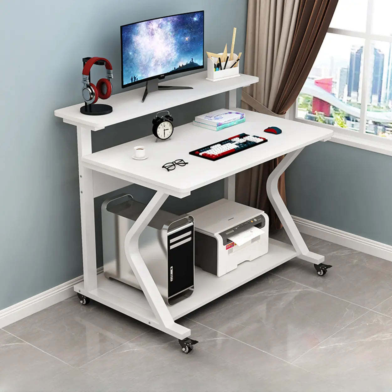 Wood Butcher Block Shelf Small Computer Desk with Casters — White / Table Only