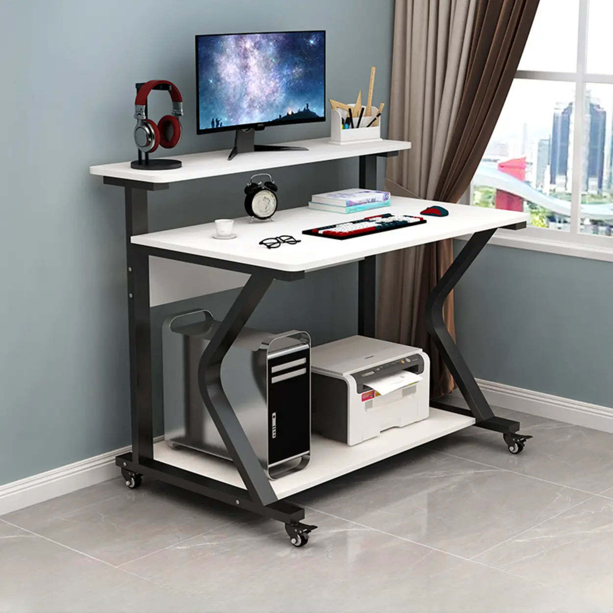 Wood Butcher Block Shelf Small Computer Desk with Casters — White / Table Only