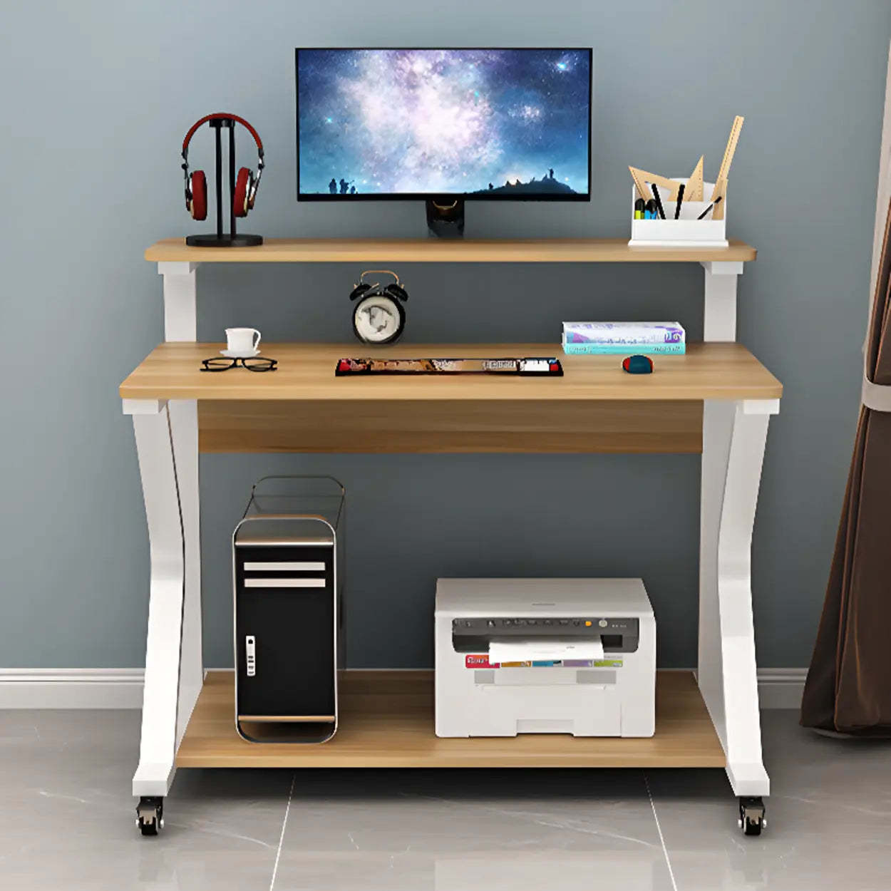 Wood Butcher Block Shelf Small Computer Desk with Casters — White / Table Only