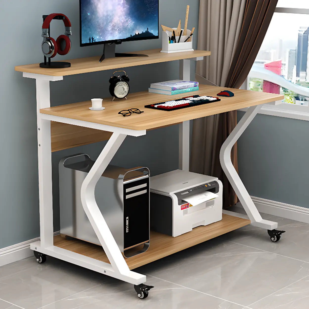 Wood Butcher Block Shelf Small Computer Desk with Casters — White / Table Only