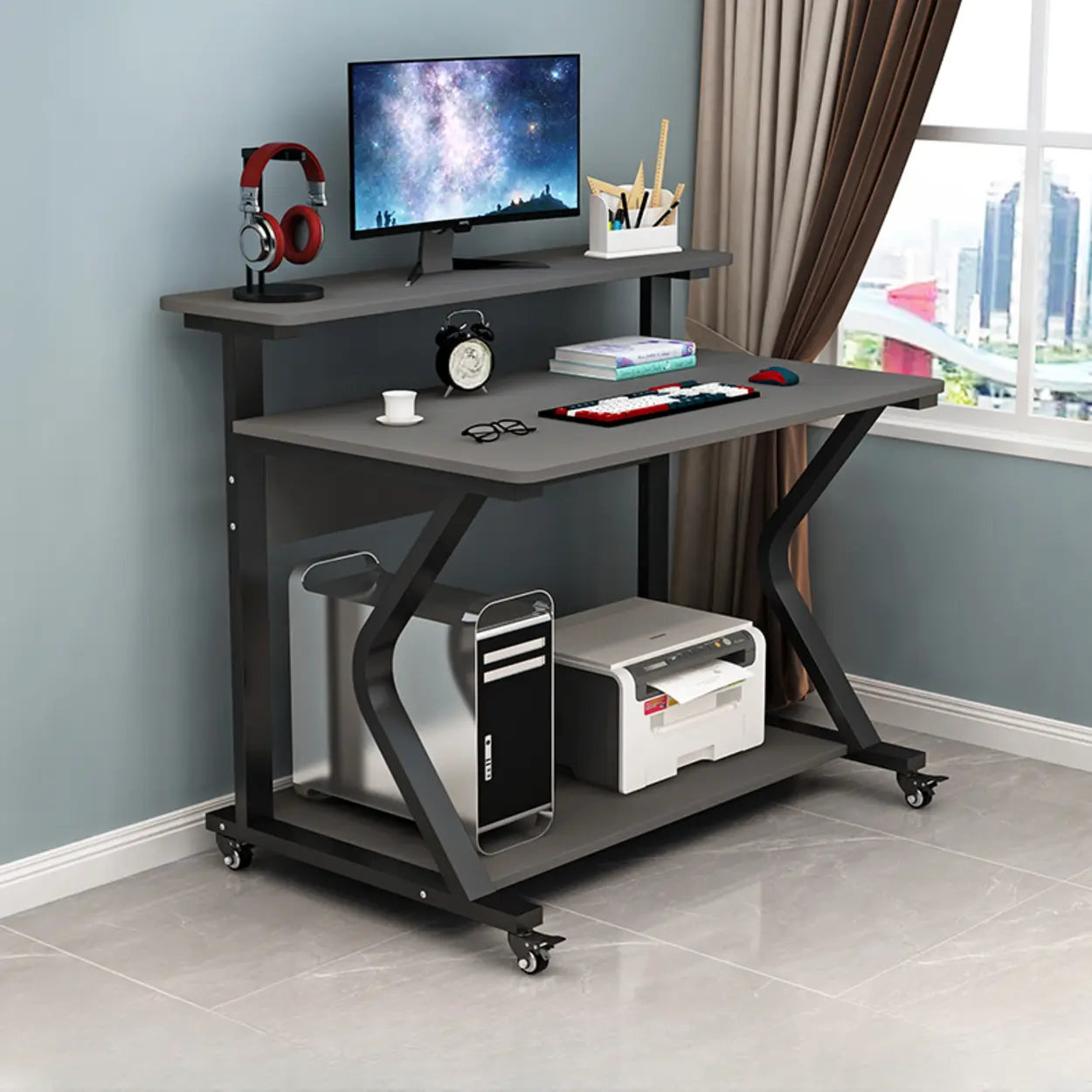 Wood Butcher Block Shelf Small Computer Desk with Casters — Brown/ White / Table Only