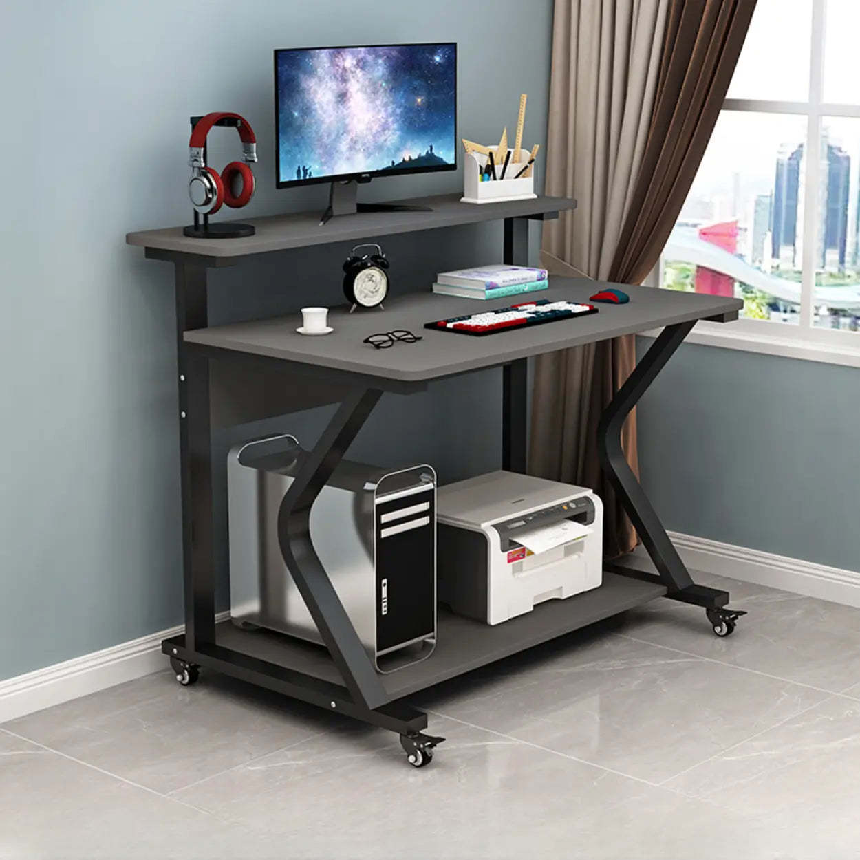 Wood Butcher Block Shelf Small Computer Desk with Casters — Brown/ White / Table Only