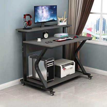 Wood Butcher Block Shelf Small Computer Desk with Casters — Brown/ White / Table Only