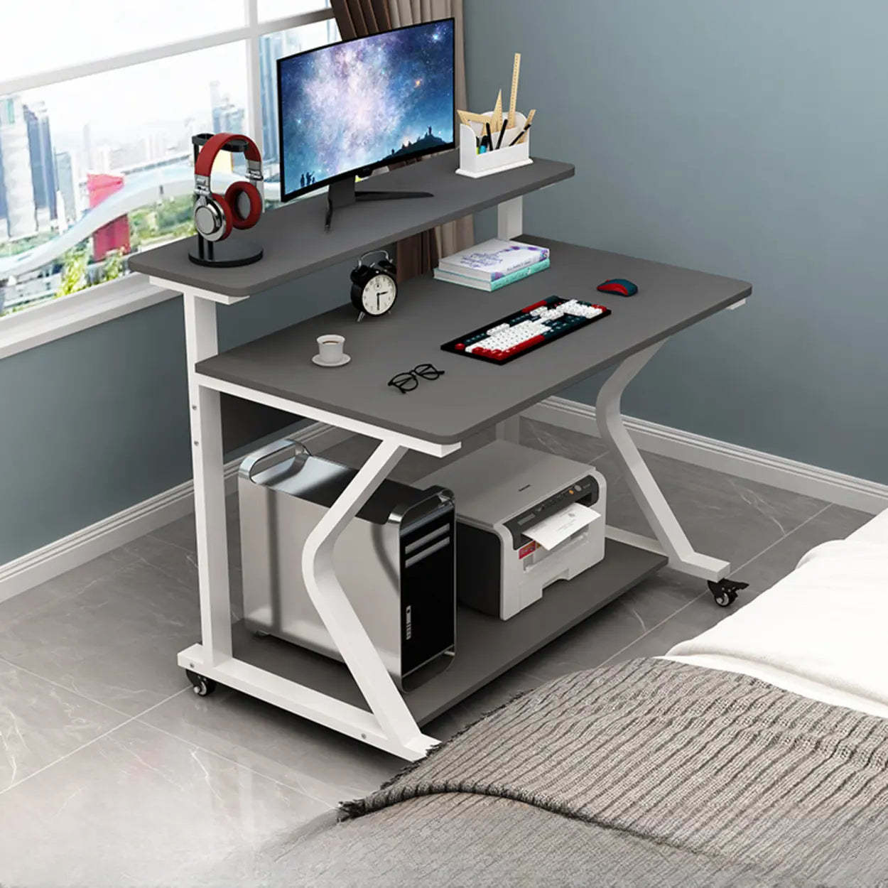 Wood Butcher Block Shelf Small Computer Desk with Casters — Brown/ White / Table Only