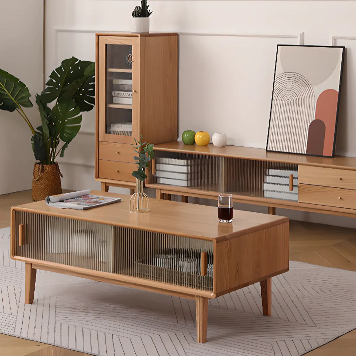 Oak Wood Rectangle Enclosed Storage TV Stand — Nut-Brown