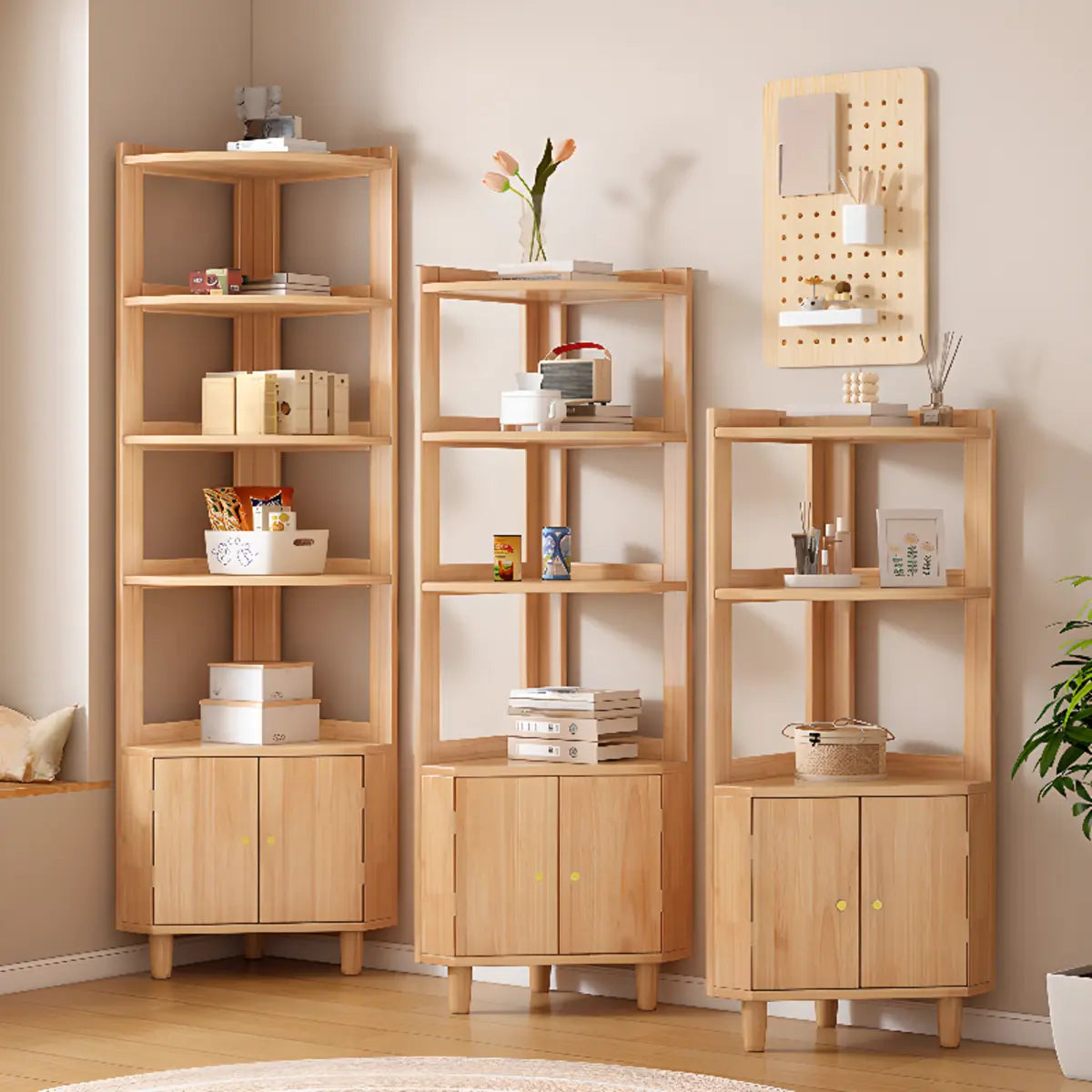 Natural Wood Corner Open Display Cabinet — Natural Finish