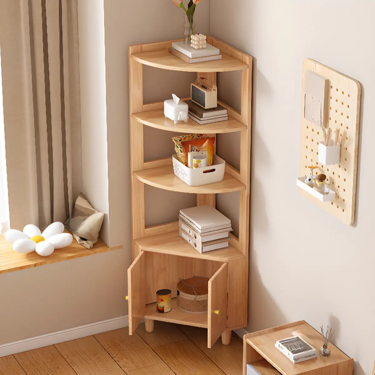Natural Wood Corner Open Display Cabinet