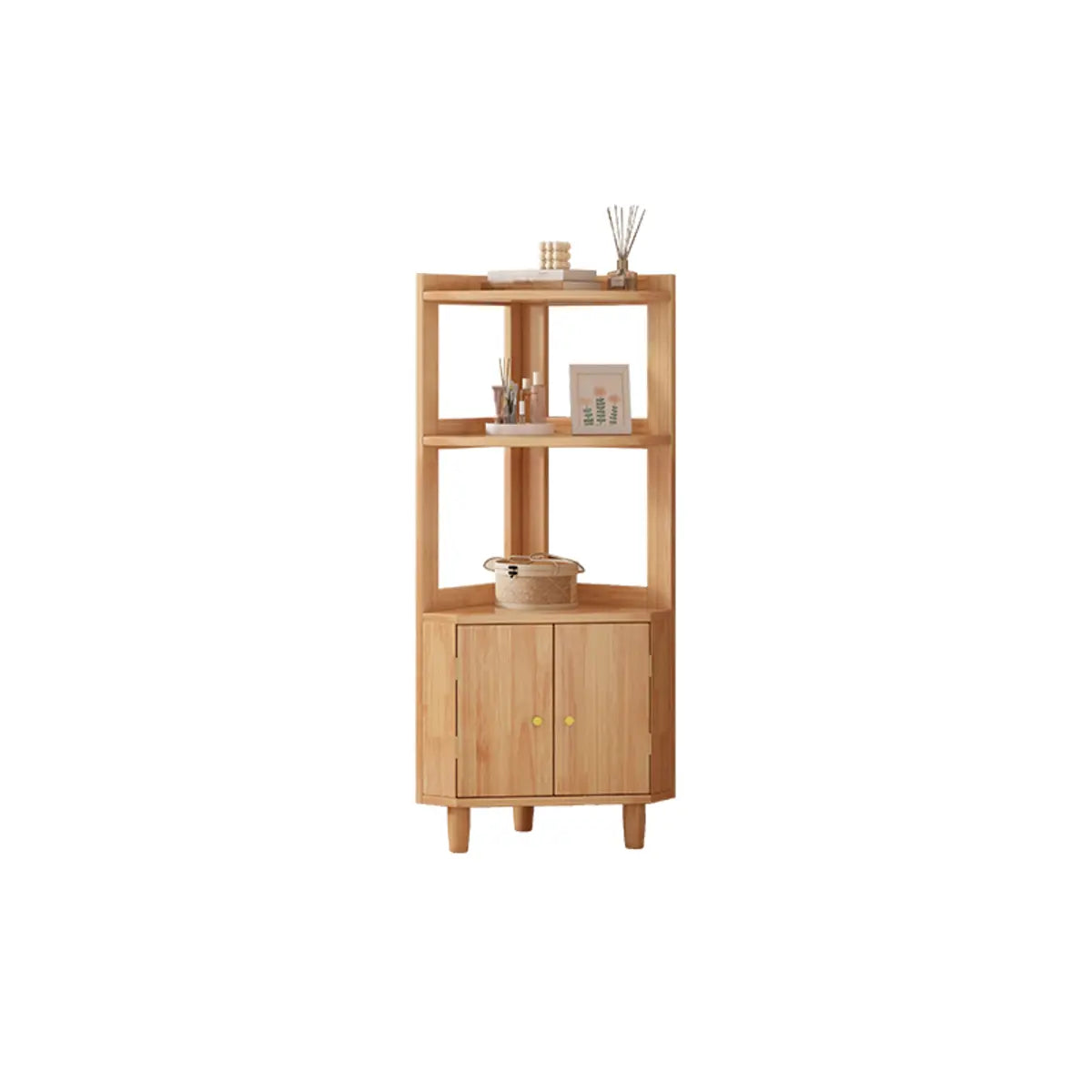 Natural Wood Corner Open Display Cabinet — Nut-Brown