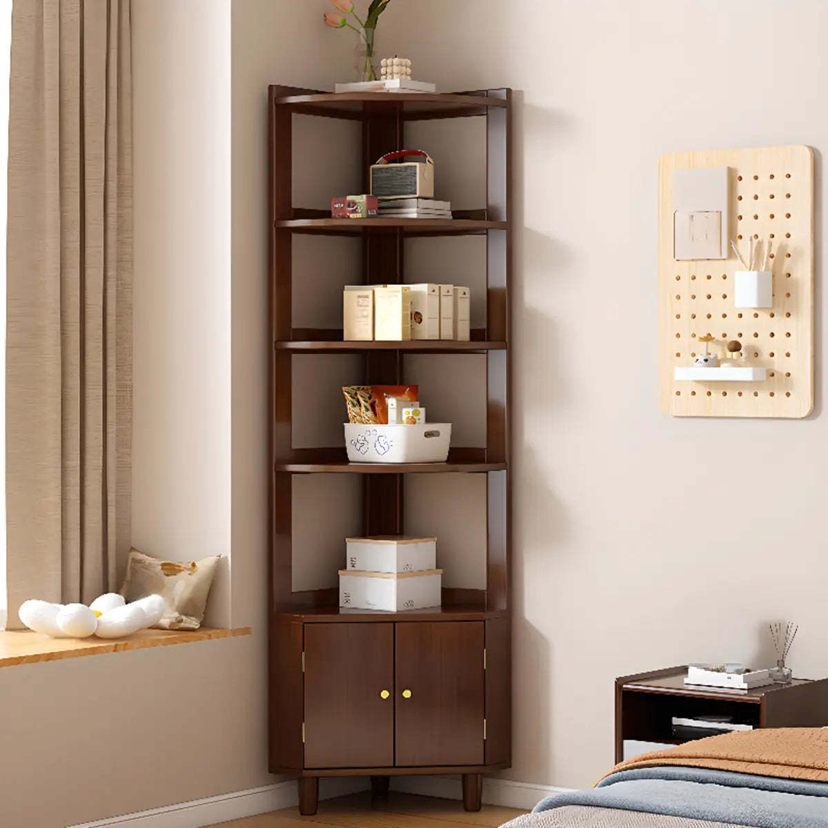 Natural Wood Corner Open Display Cabinet — Nut-Brown