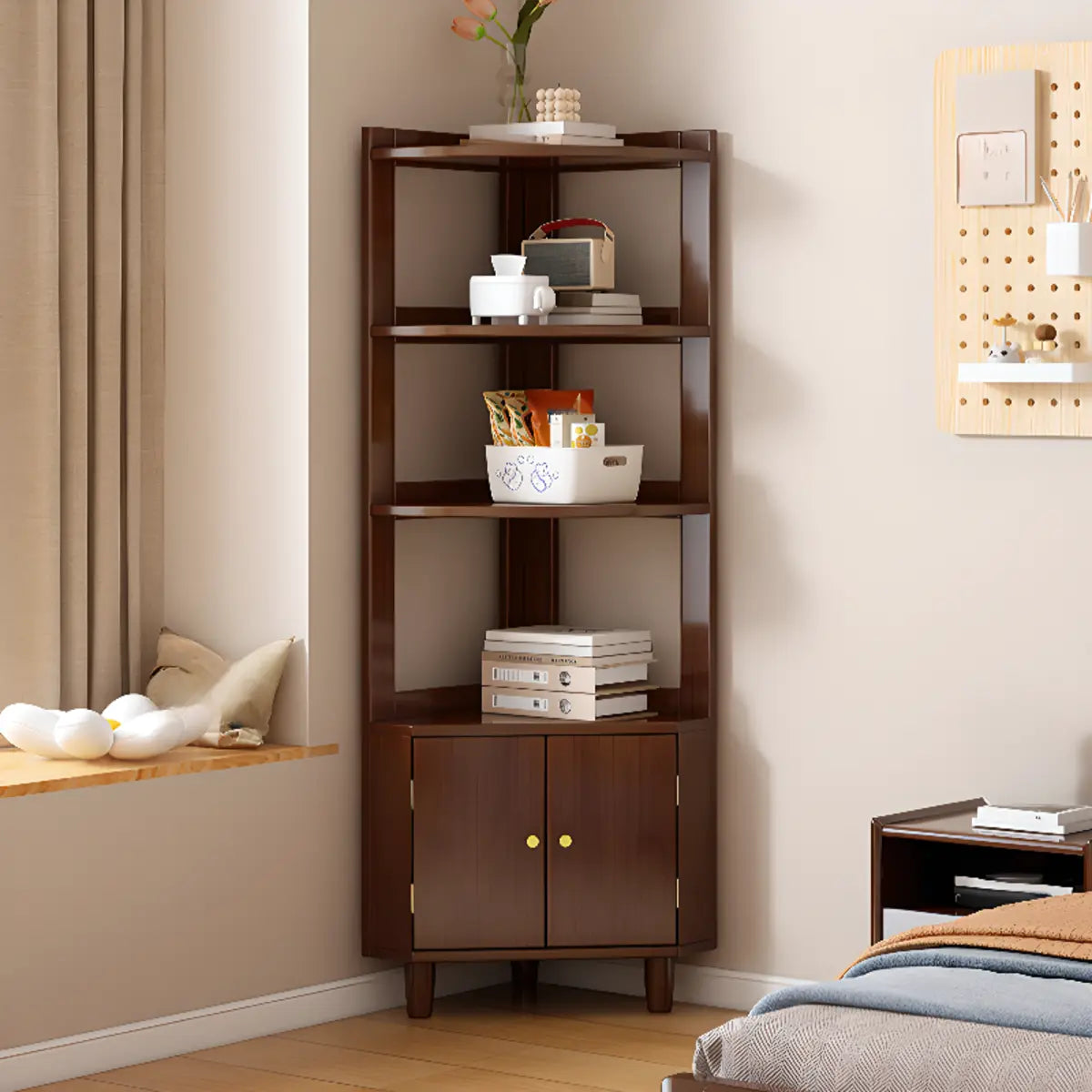 Natural Wood Corner Open Display Cabinet — Nut-Brown