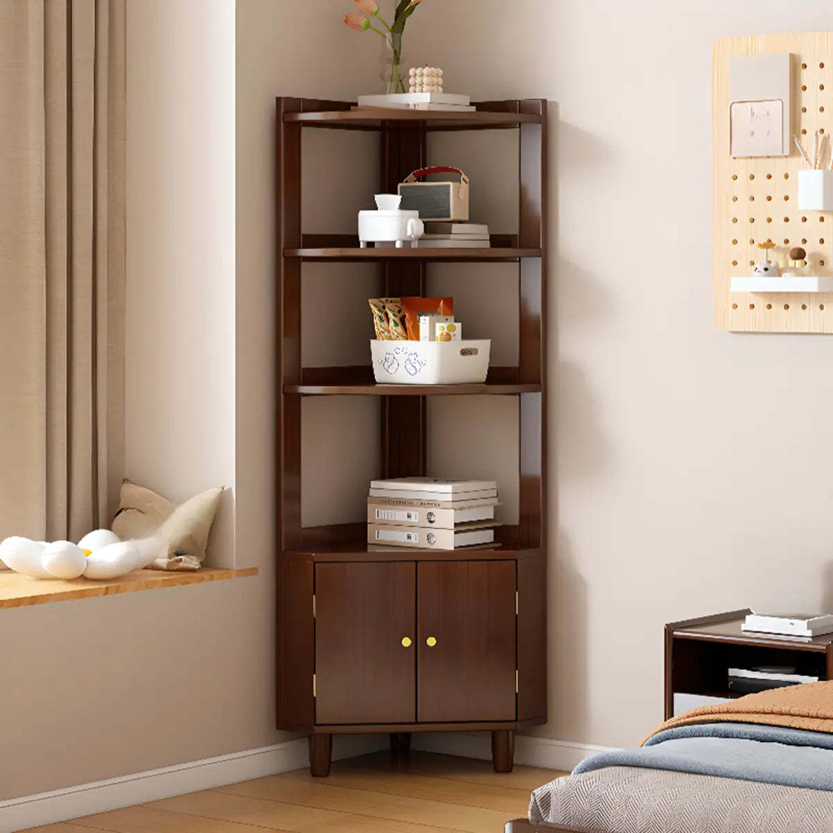 Natural Wood Corner Open Display Cabinet — Nut-Brown