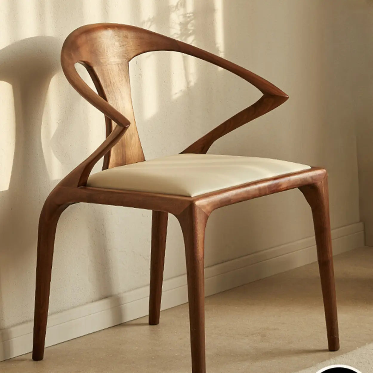 Brown Wood Curved Open Slat Back Leather Dining Chair