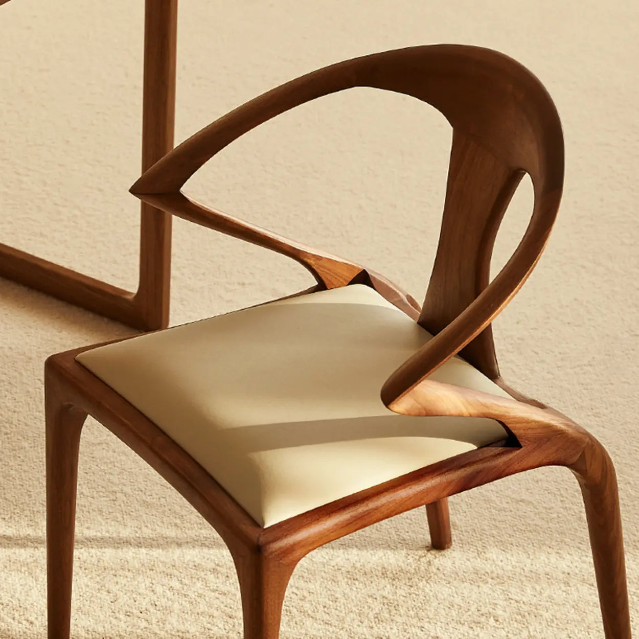 Brown Wood Curved Open Slat Back Leather Dining Chair