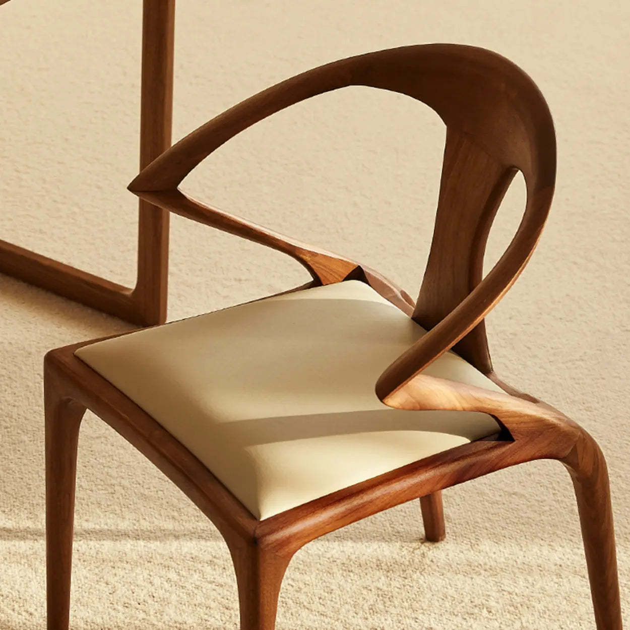 Brown Wood Curved Open Slat Back Leather Dining Chair