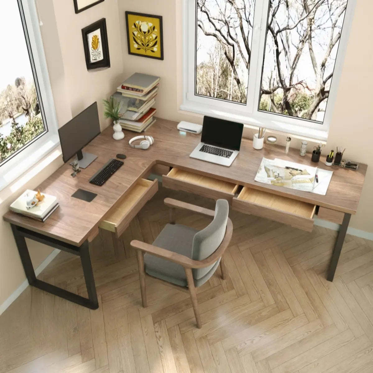 Wood Drawer L-Shape Butcher Block Writing Desk — Without Chairs
