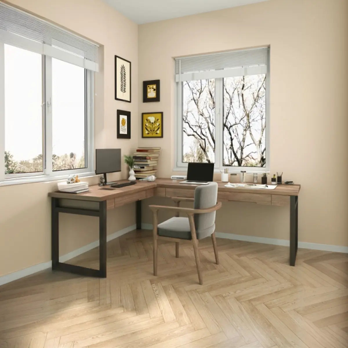 Wood Drawer L-Shape Butcher Block Writing Desk — Without Chairs