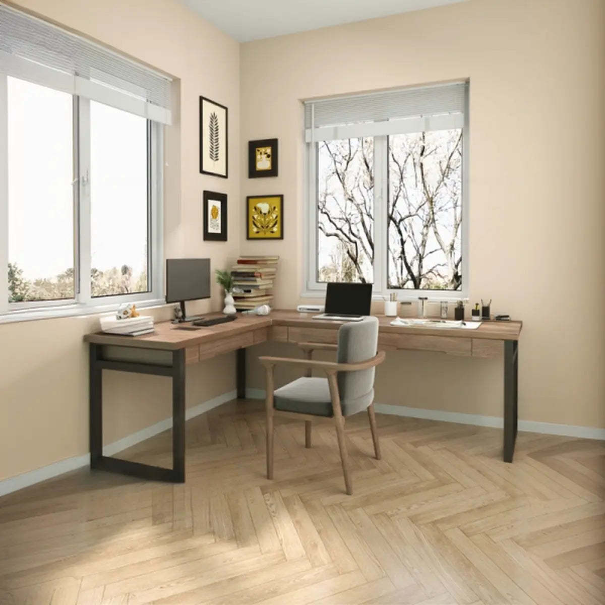 Wood Drawer L-Shape Butcher Block Writing Desk — Without Chairs