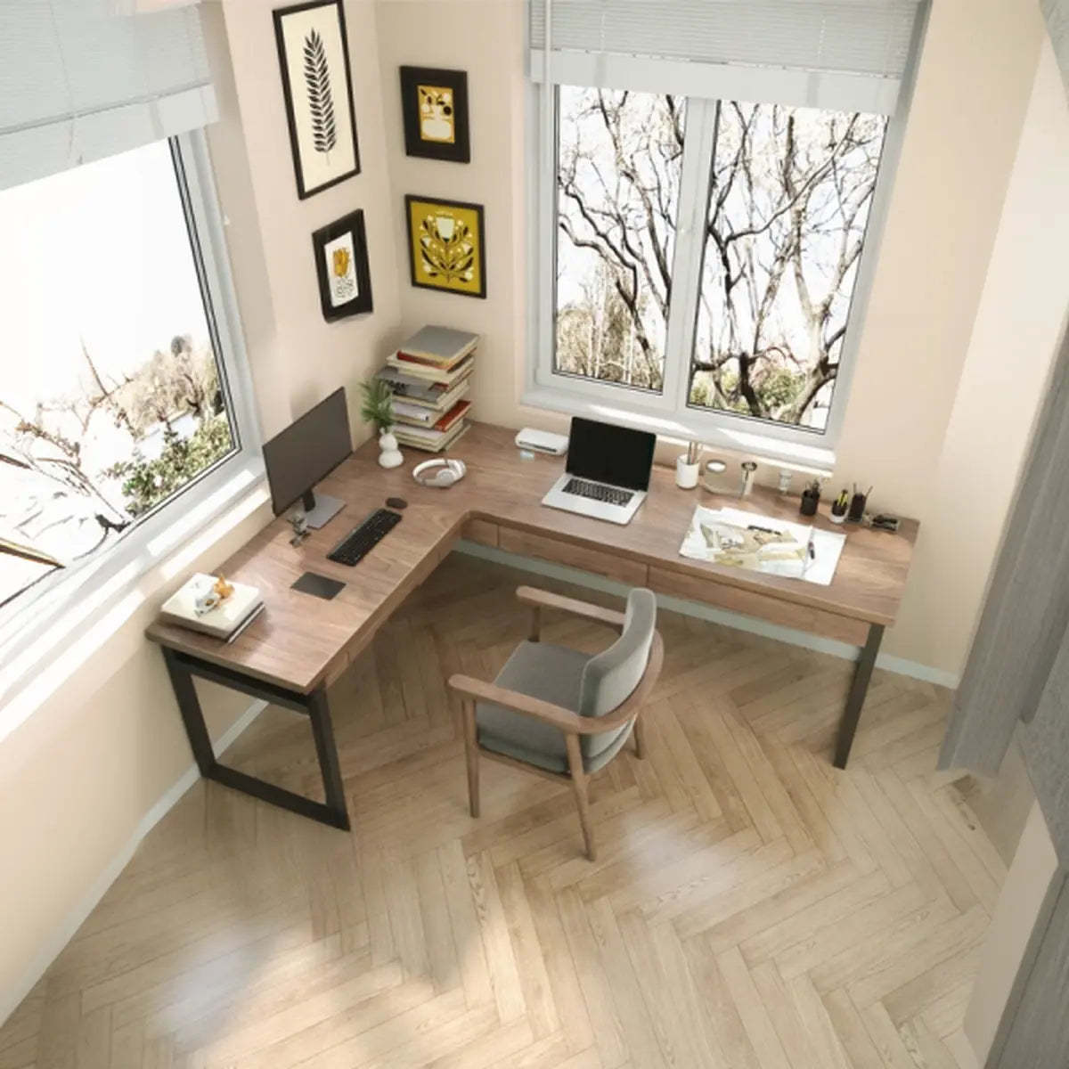 Wood Drawer L-Shape Butcher Block Writing Desk — Without Chairs