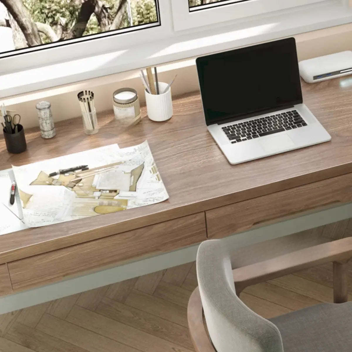 Wood Drawer L-Shape Butcher Block Writing Desk — Without Chairs