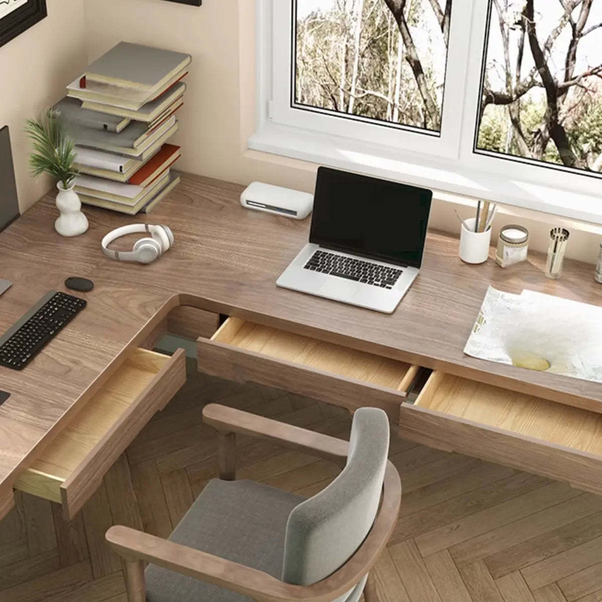 Wood Drawer L-Shape Butcher Block Writing Desk
