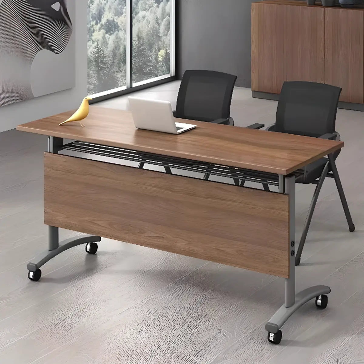 Wood T-Shape Double Computer Desk with Casters