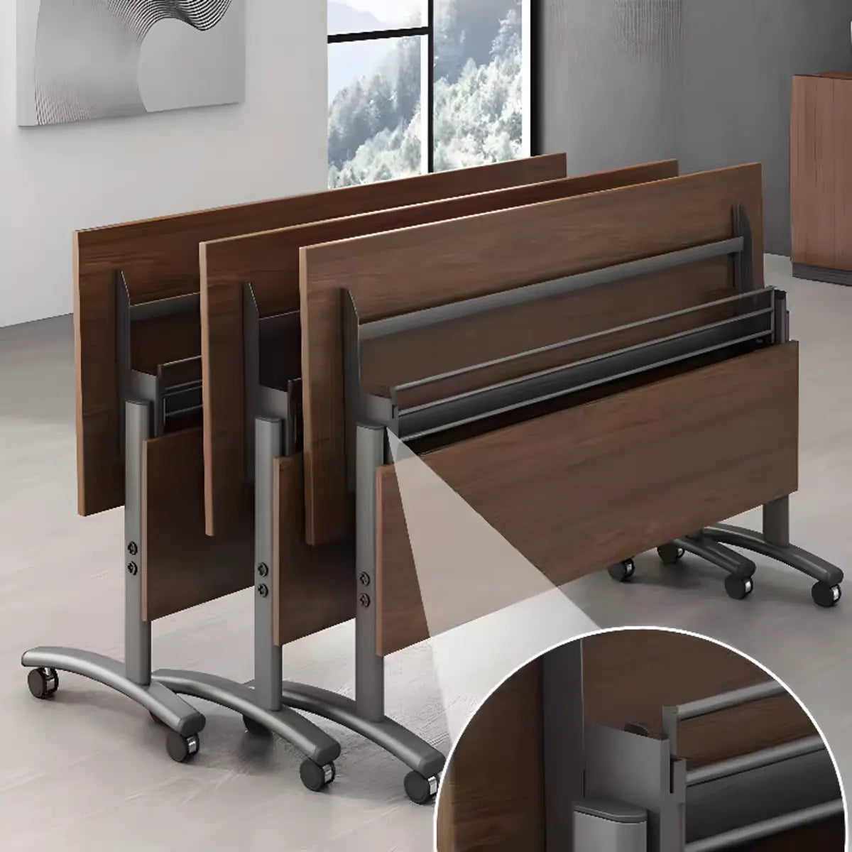 Wood T-Shape Double Computer Desk with Casters — Walnut / Without Chairs
