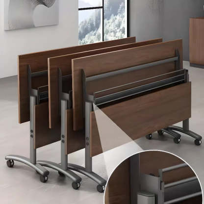 Wood T-Shape Double Computer Desk with Casters — Walnut / Without Chairs